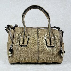 B Makowsky Whitney Satchel Handbag Gold Shimmer Snakeskin Embossed Leather Purse